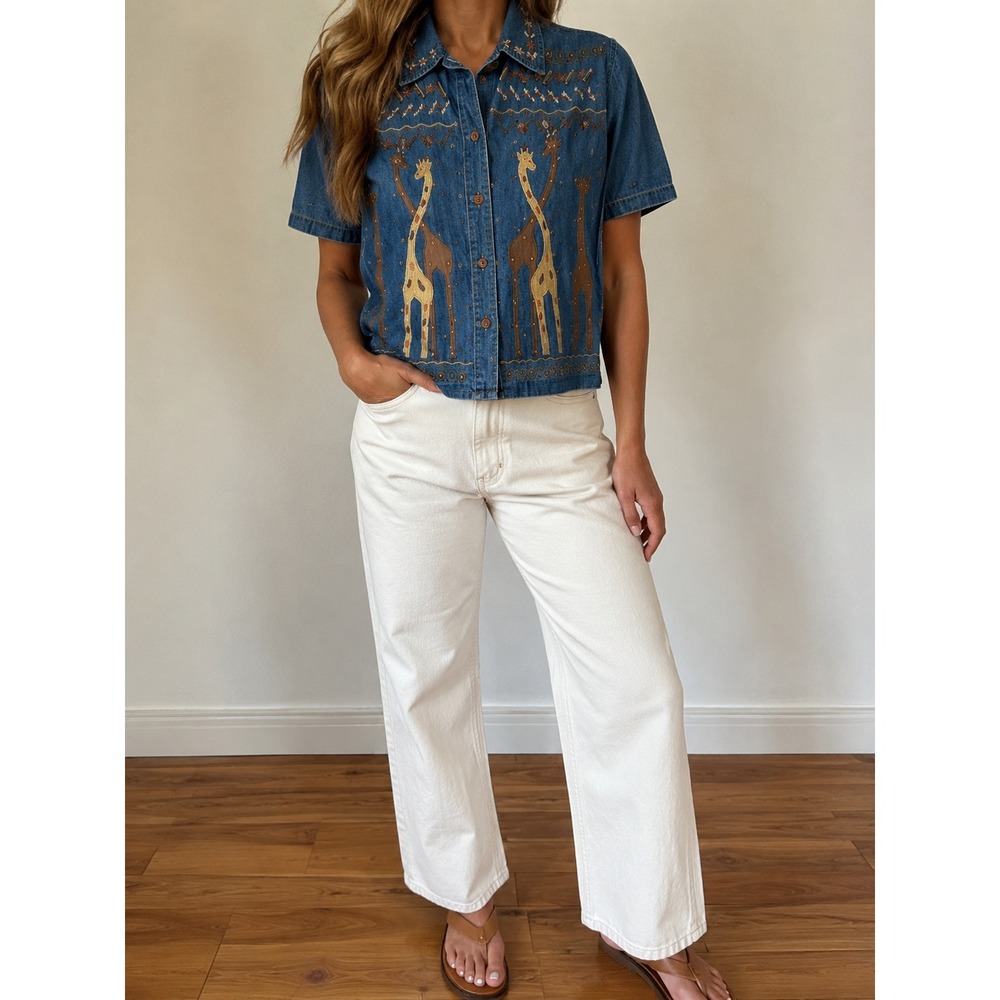 Vintage Giraffe Beaded Denim Button Shirt Women Small Whimsical Novelty Indie